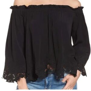 ASTR The Label Analena Crochet Floral Lace Hem Off Shoulder Ruffle Black Top S